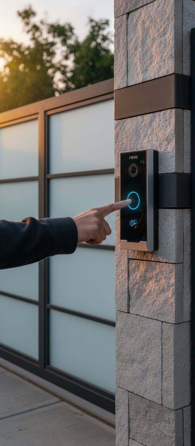 Un visitante presiona el botón del portero Voxgate en la entrada del edificio